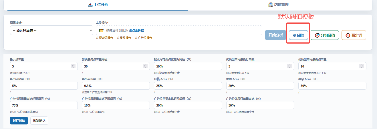 默认阈值配置